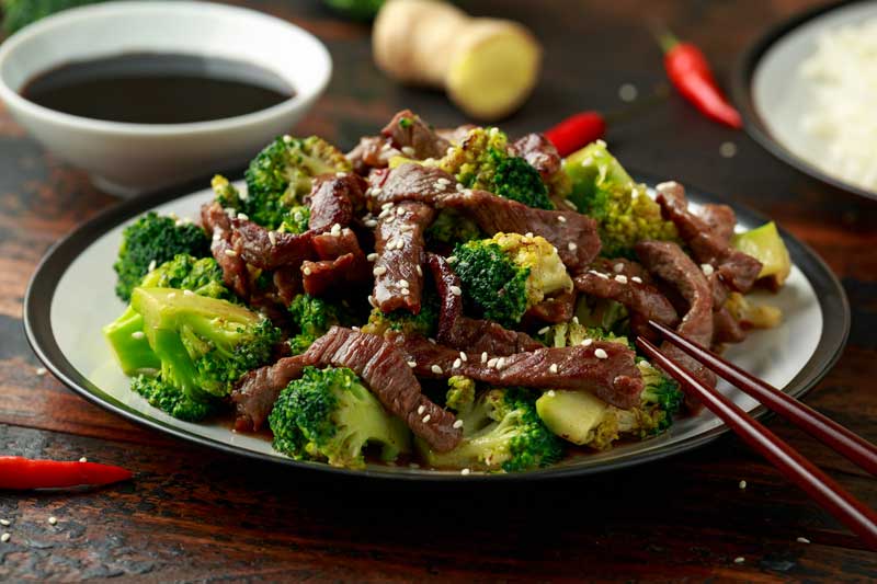 Beef stir fry with broccoli.