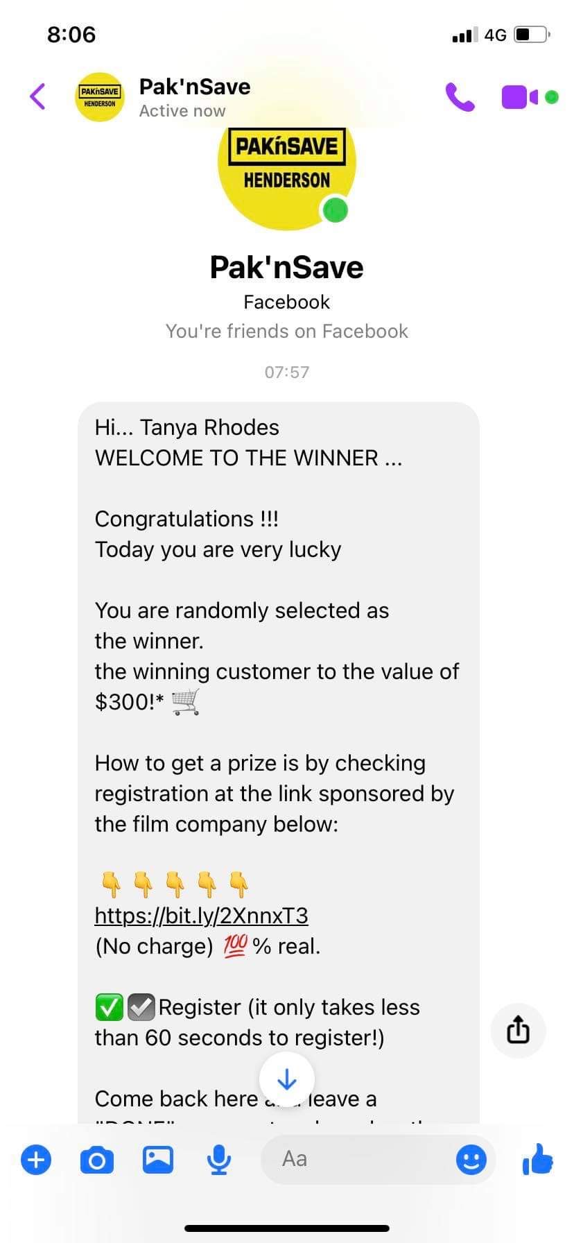 Scam alert - PAK'nSAVE Henderson Facebook competition