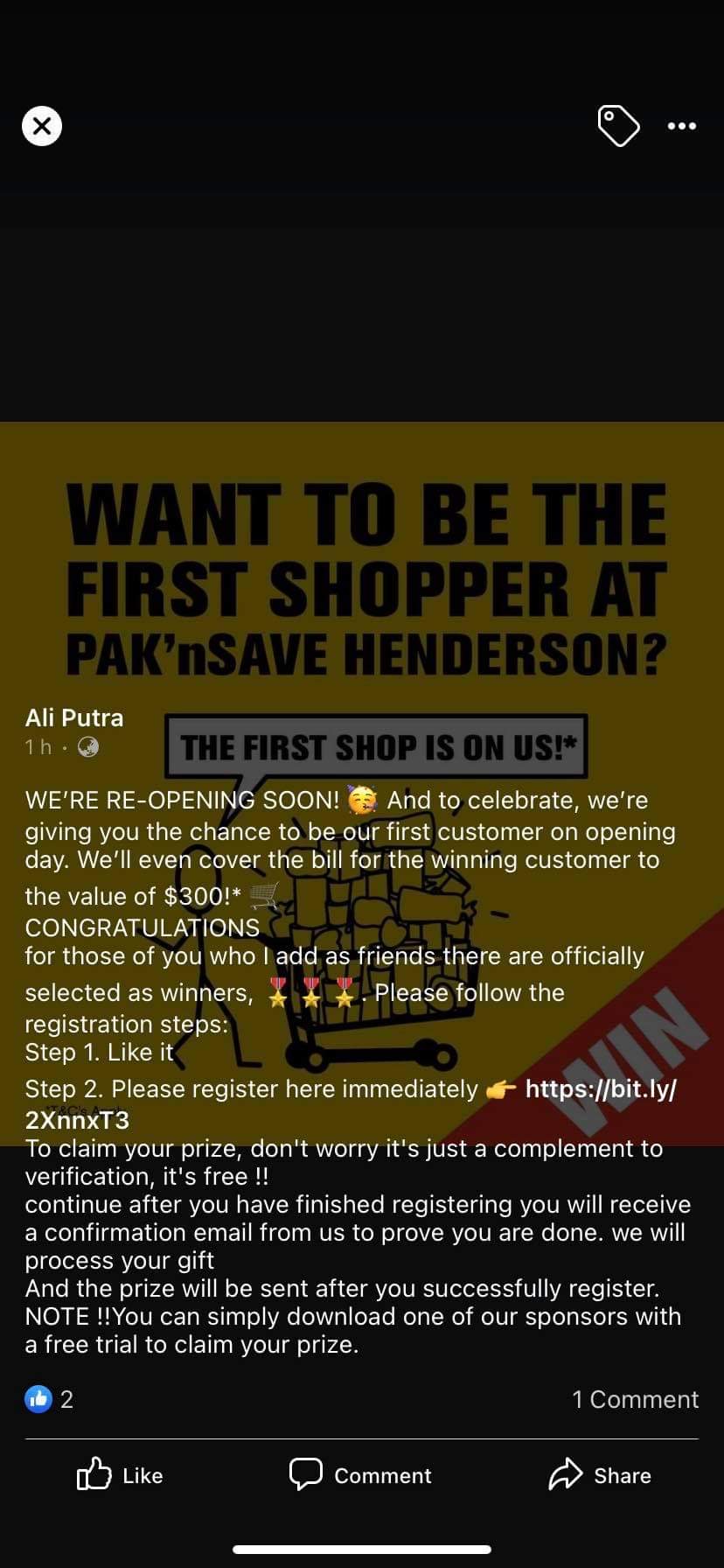 Scam alert - PAK'nSAVE Henderson Facebook Competition